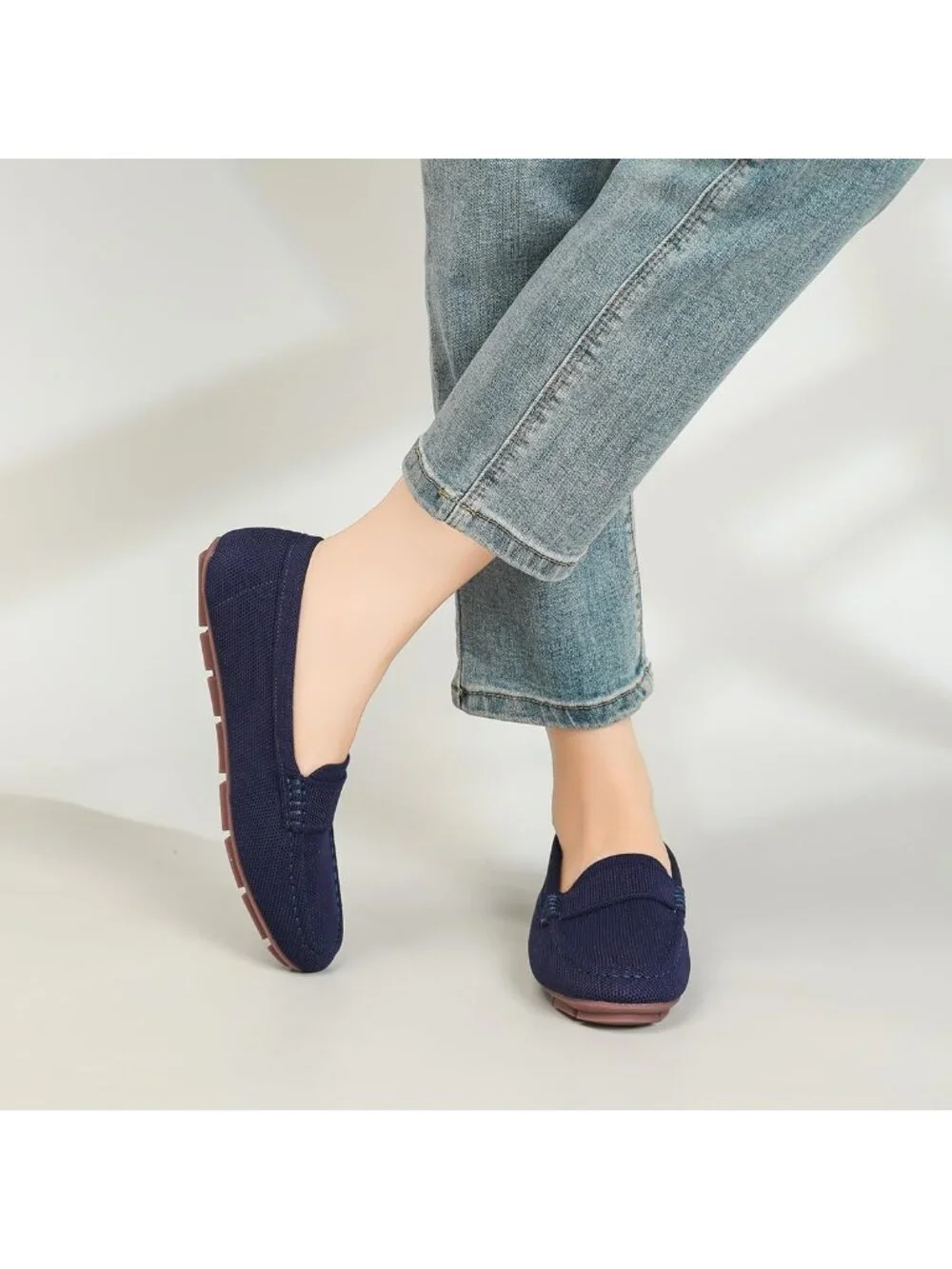 🆕Women's Dark Blue Lightweight Knitted Loafers Casual Flat Shoes Comfortable